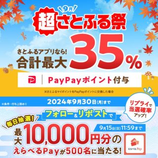 さとふるプロモーション 超さとふる祭 開催記念キャンペーン  最大1万円分のえらべるPayが 合計500名にその場で当たる