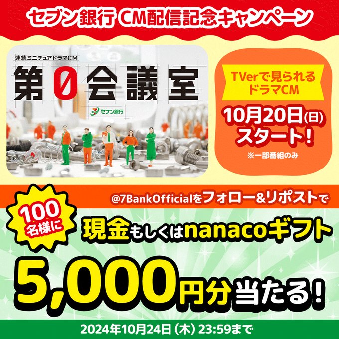 セブン銀行 5,000円分のnanacoか現金が100名に当たる