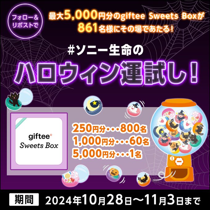 ソニー生命保険 giftee Sweets Box 最大5,000円分が861名にその場で当たる